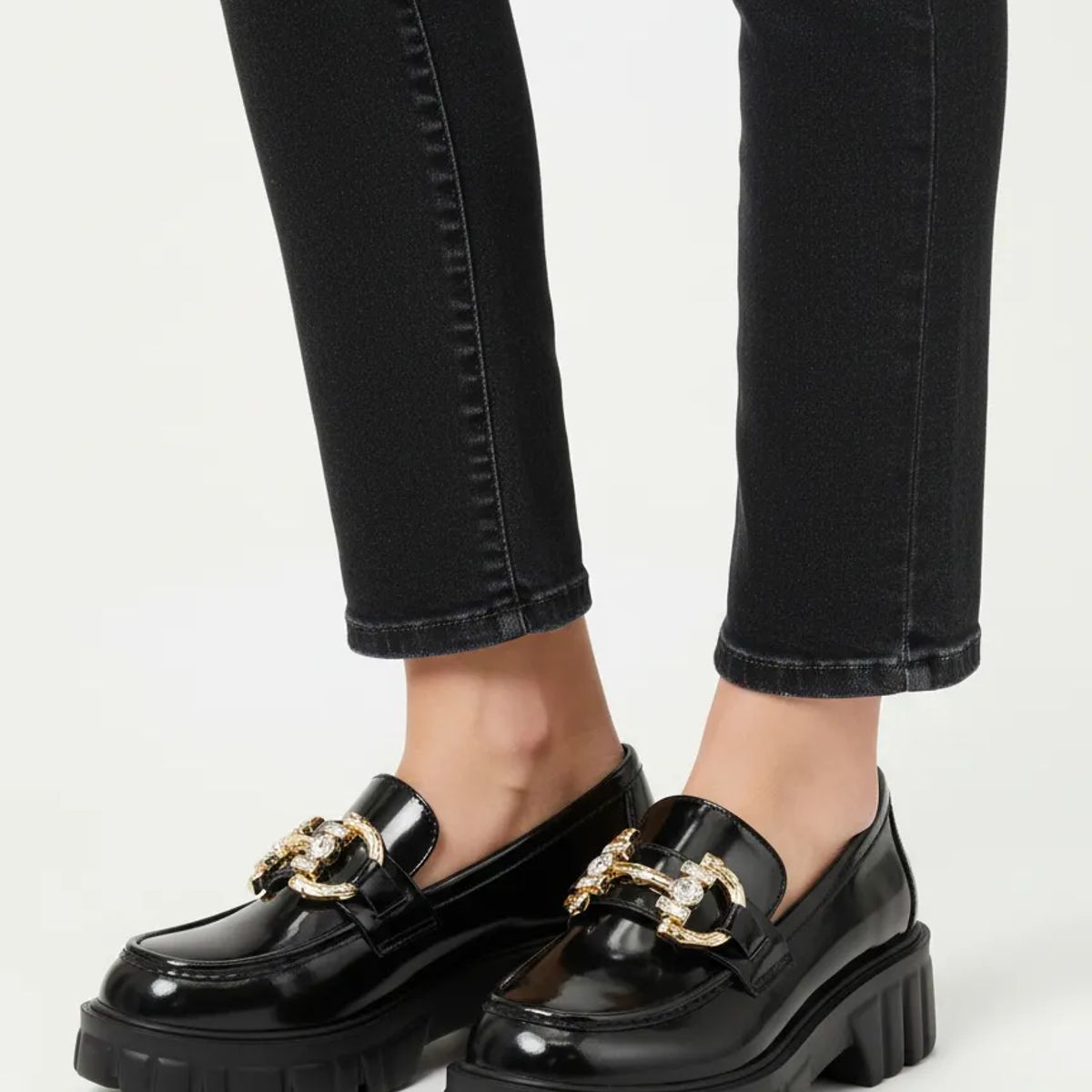 BOVINITA - Mocasín Mujer Negro Charol Plataforma Brillante Alta Oficina