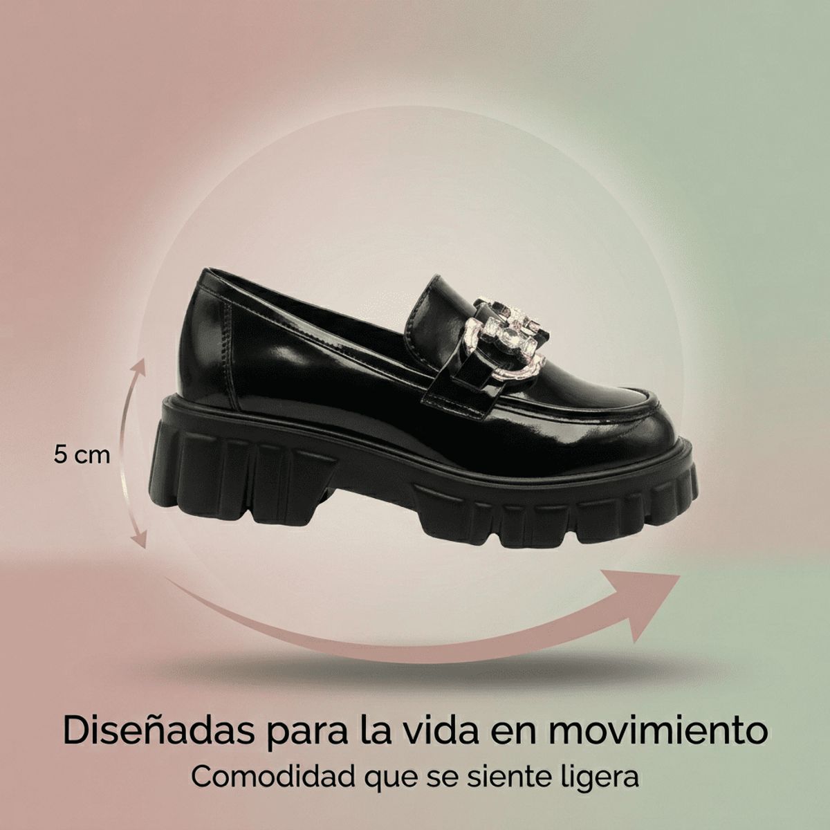BOVINITA - Mocasín Mujer Negro Charol Plataforma Brillante Alta Oficina
