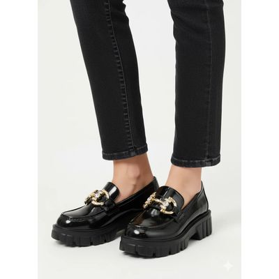 Imagen 2 del producto Mocasín Mujer Negro Charol Plataforma Brillante Alta Oficina