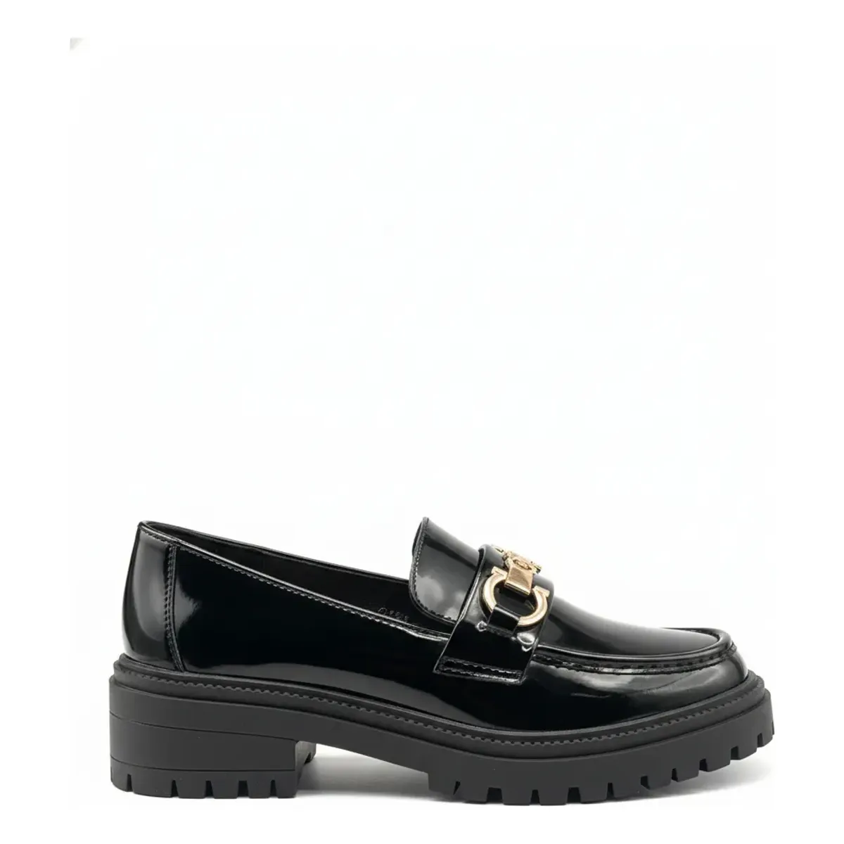 BOVINITA - Mocasín Mujer Charol Plataforma Negro Cadena Dorada Chunky
