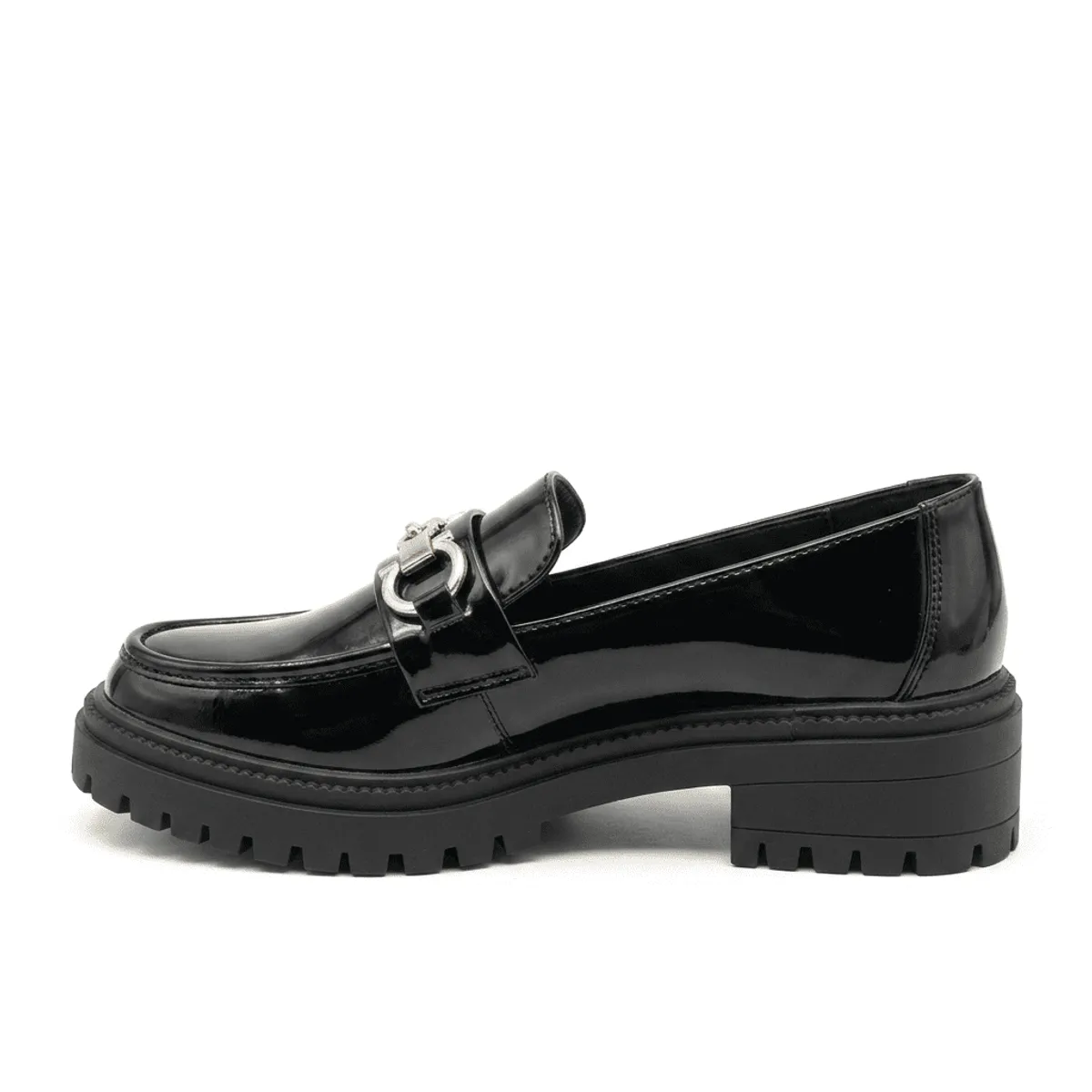 BOVINITA - Mocasín Mujer Charol Plataforma Negro Cadena Dorada Chunky