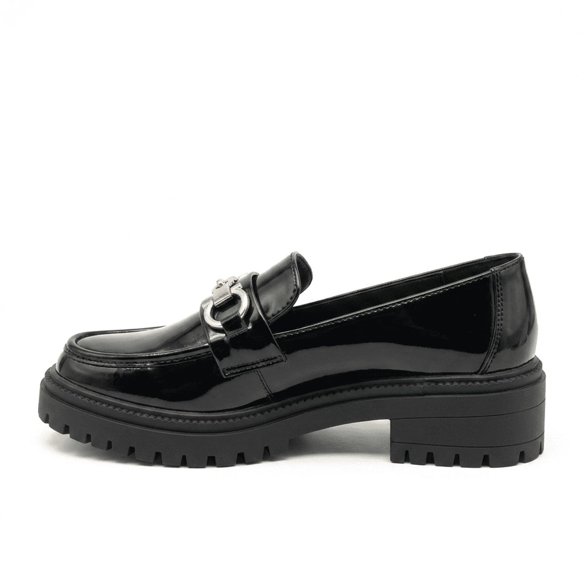 BOVINITA - Mocasín Mujer Charol Plataforma Negro Cadena Dorada Chunky