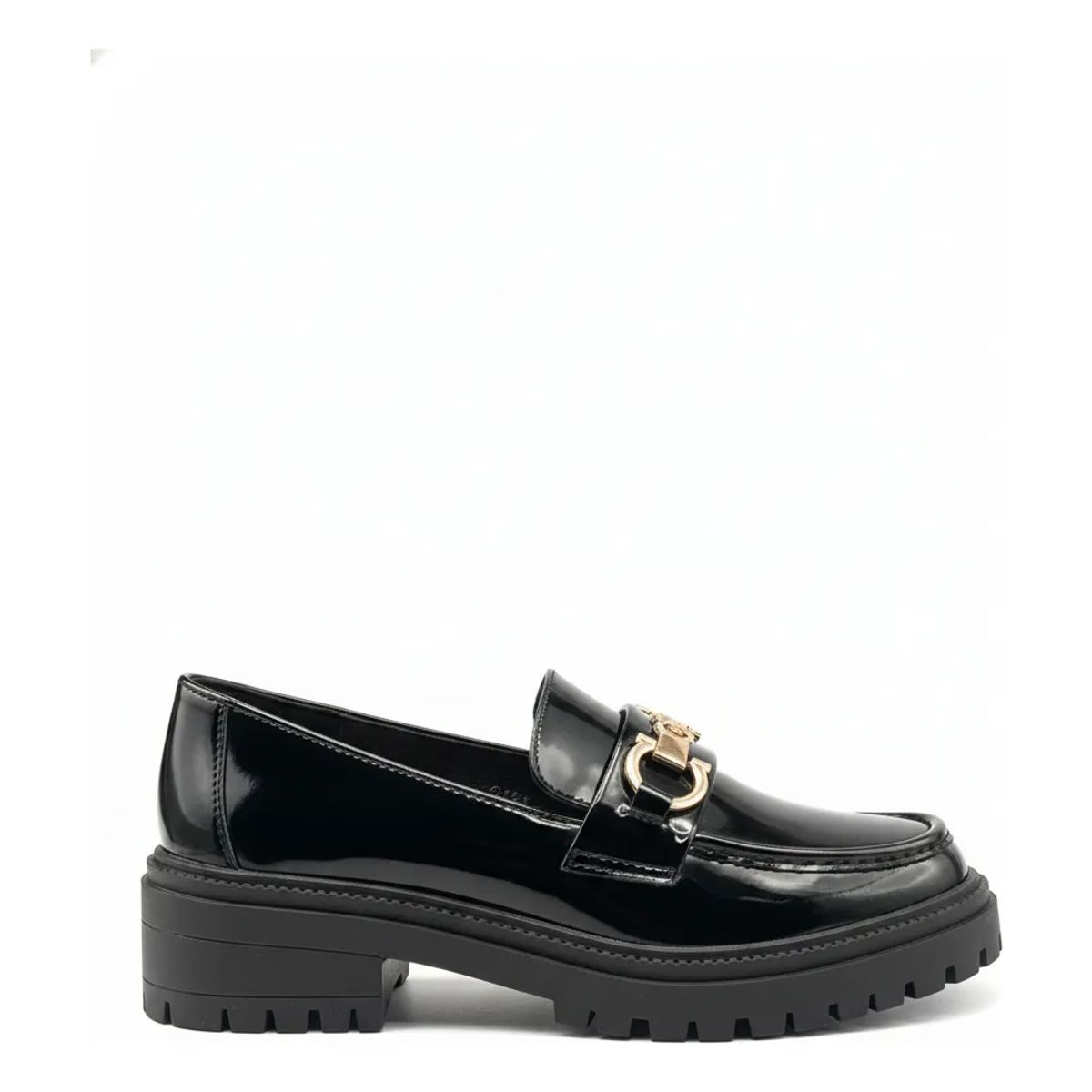BOVINITA - Mocasín Mujer Charol Plataforma Negro Cadena Dorada Chunky