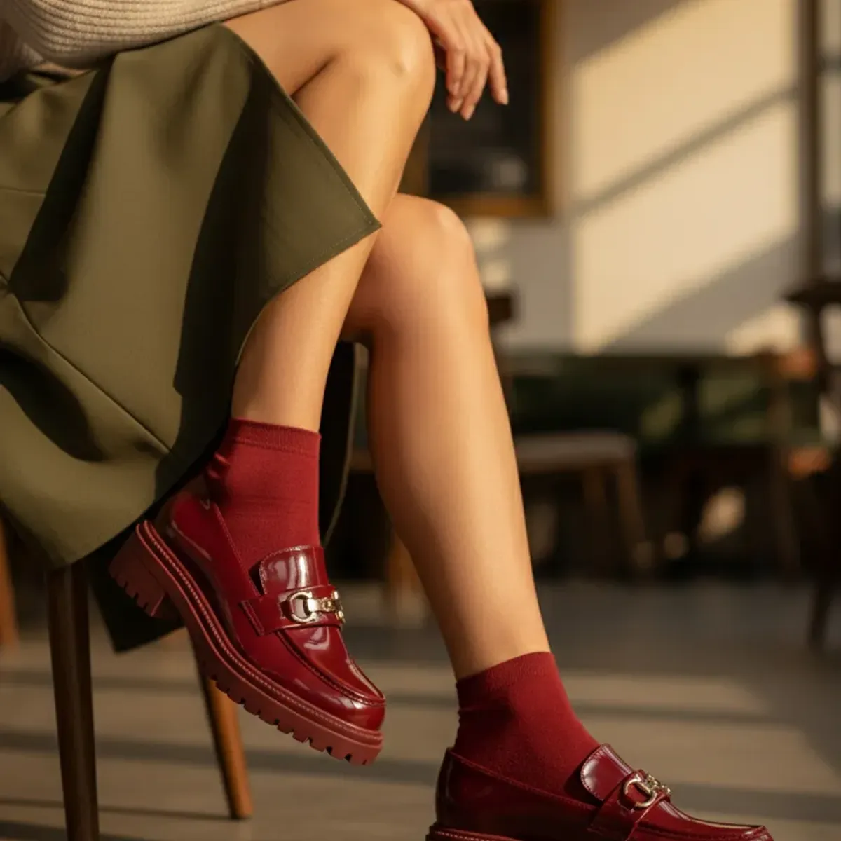 BOVINITA - Mocasín Mujer Plataforma Burdeo Charol Hebilla Dorada Vino