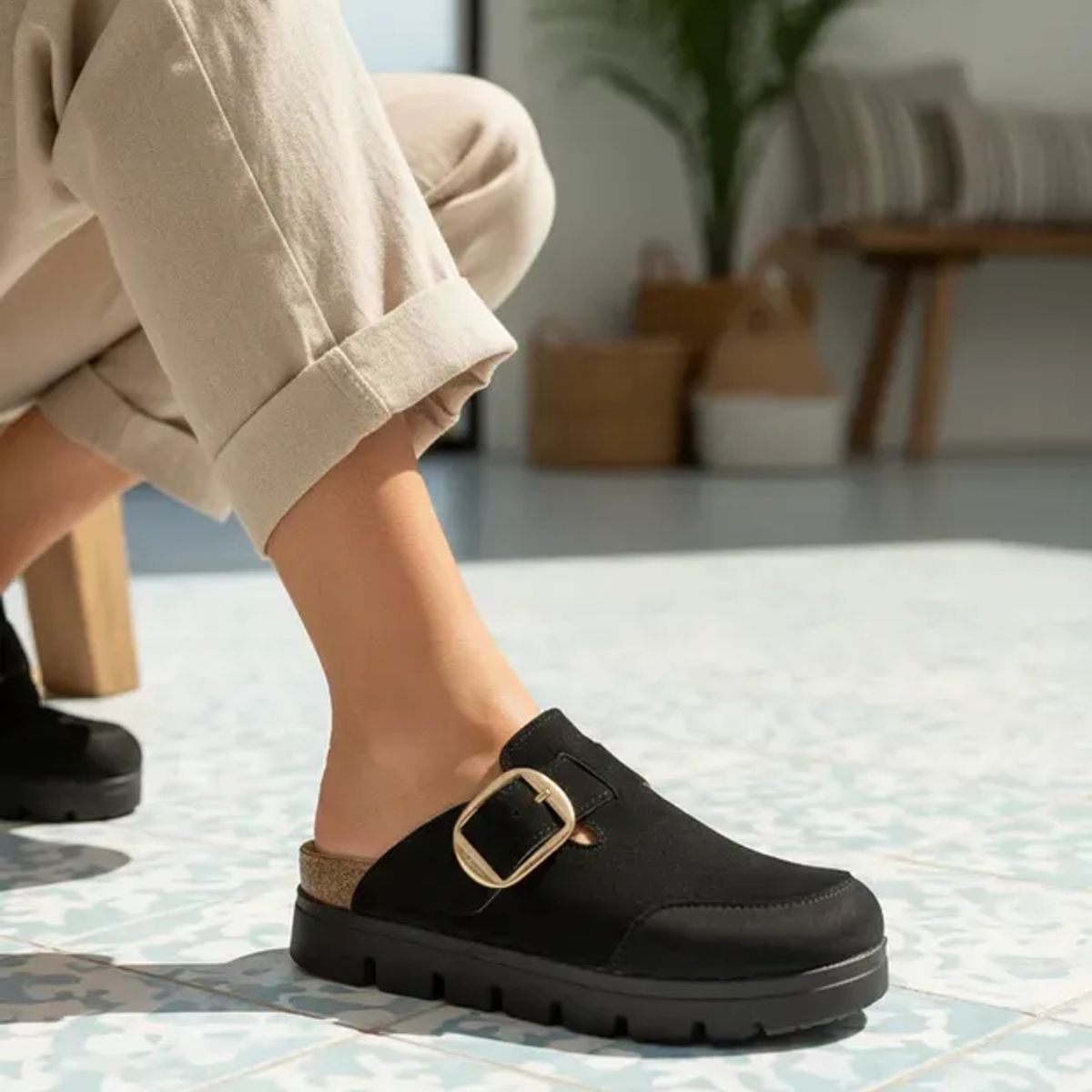 BOVINITA - Zueco Mule Mujer Sandalia Negro Hebilla Grande Plataforma