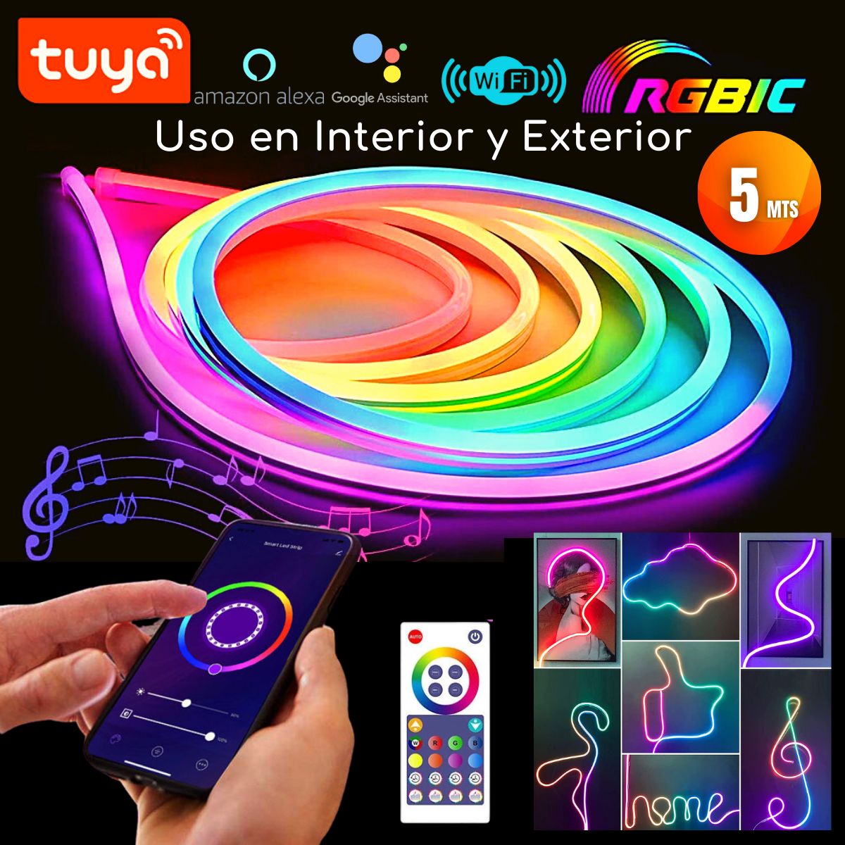 D MOTICA - Cinta Led Neon Wifi Inteligente Flexible 5mts RGB-IC y Blancos