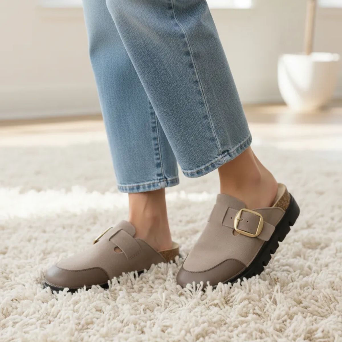 BOVINITA - Zueco Mule Mujer Sandalia Cafe gris Hebilla Grande Plataforma