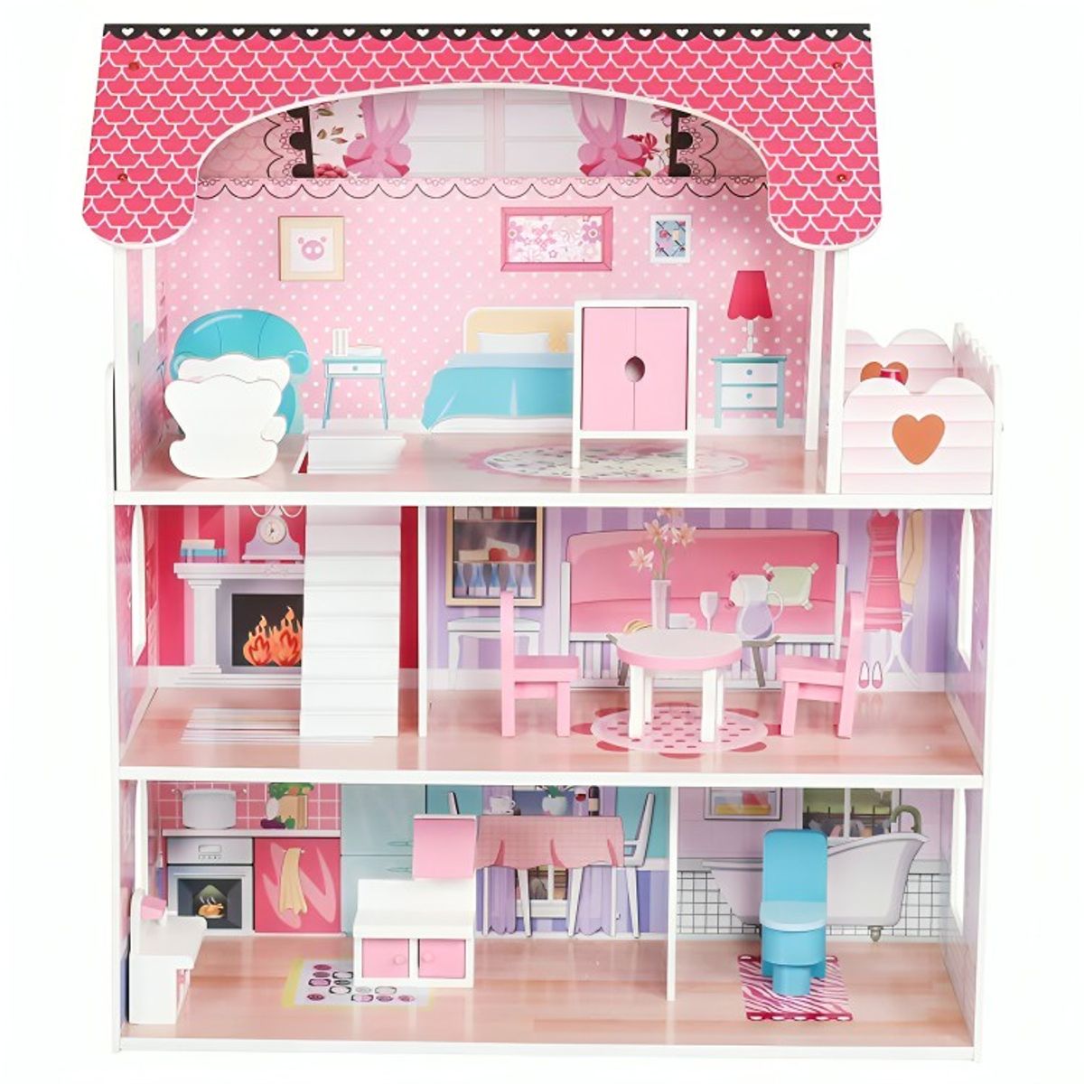 GENERICO - Casa de Muñecas Clásica de Madera Rosada con Accesorios