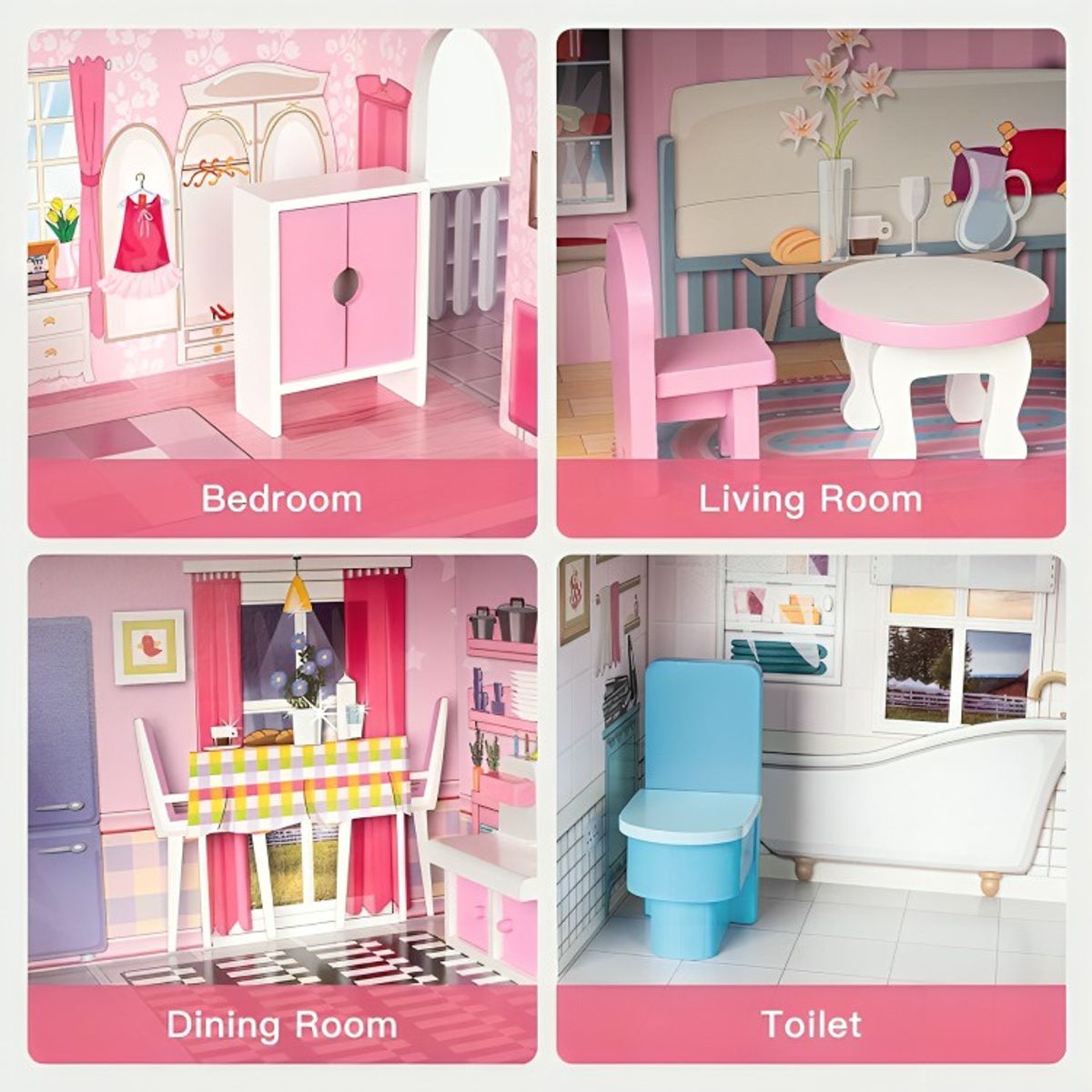 GENERICO - Casa de Muñecas Clásica de Madera Rosada con Accesorios