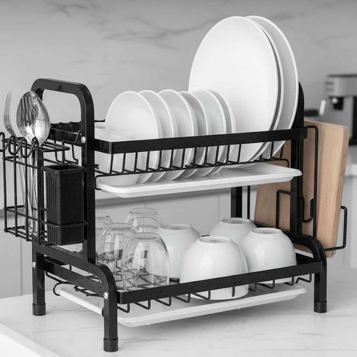 GENERICO - RACK ESCURRIDOR DE PLATOS 2 NIVELES NEGRO FIERRO CROMADO CON SOPORTE PARA UTENSILIO