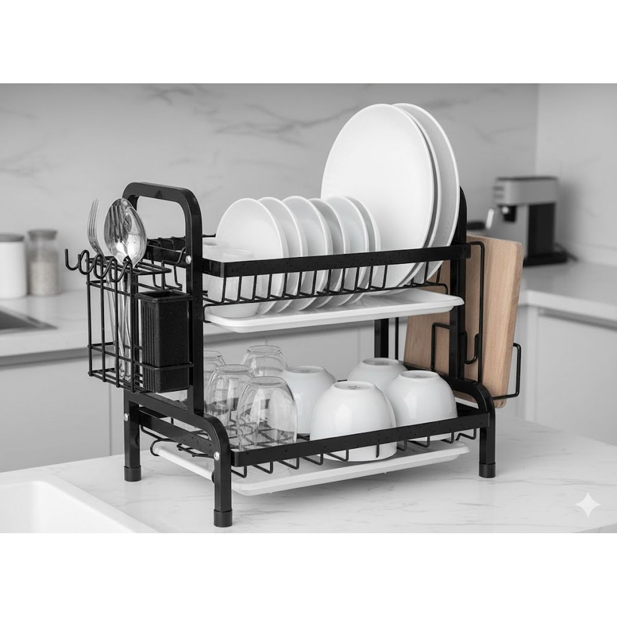 GENERICO - RACK ESCURRIDOR DE PLATOS 2 NIVELES NEGRO FIERRO CROMADO CON SOPORTE PARA UTENSILIO