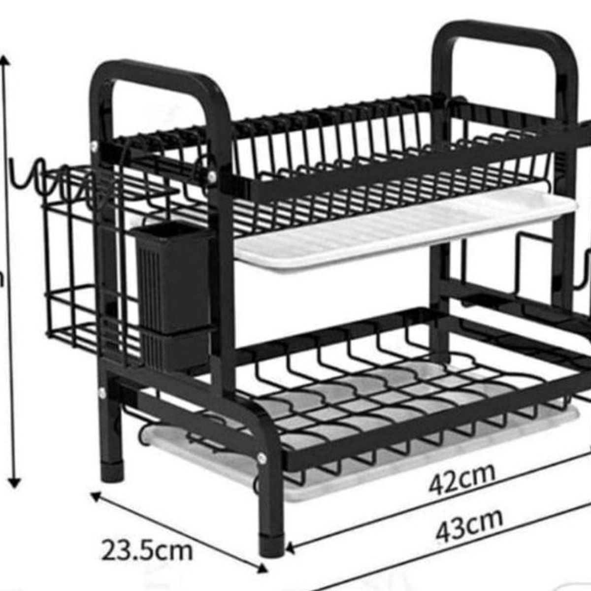 GENERICO - RACK ESCURRIDOR DE PLATOS 2 NIVELES NEGRO FIERRO CROMADO CON SOPORTE PARA UTENSILIO