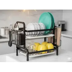 GENERICO - RACK ESCURRIDOR DE PLATOS 2 NIVELES NEGRO FIERRO CROMADO CON SOPORTE PARA UTENSILIO WM