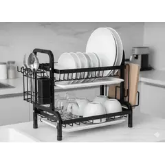 GENERICO - RACK ESCURRIDOR DE PLATOS 2 NIVELES NEGRO FIERRO CROMADO CON SOPORTE PARA UTENSILIO WYM