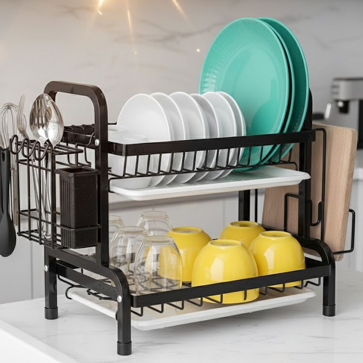 GENERICO - RACK ESCURRIDOR DE PLATOS 2 NIVELES NEGRO FIERRO CROMADO CON SOPORTE PARA UTENSILIO WYM