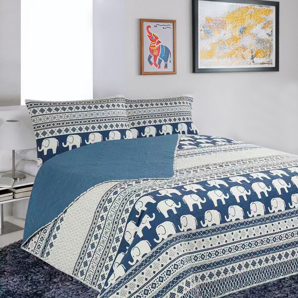 DORAL - CUBRECAMA QUILT HOTPRESS ESTAMPADO COLECCION ORIGINS ELEFANTE AZUL Y BLANCO DORAL 2 PLAZAS
