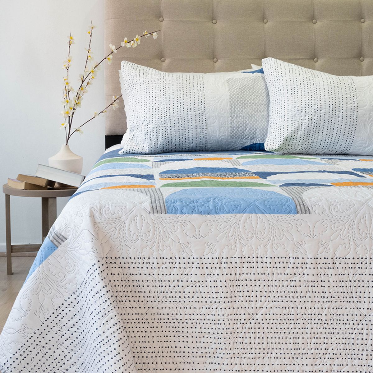 DORAL - CUBRECAMA QUILT HOTPRESS ESTAMPADO COLECCION ORIGINS CIRCULOS VERDE AZUL Y CELESTE  DORAL 2 PLAZAS