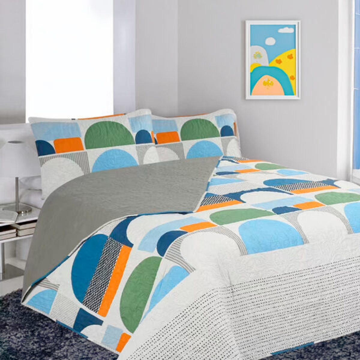 DORAL - CUBRECAMA QUILT HOTPRESS ESTAMPADO COLECCION ORIGINS CIRCULOS VERDE AZUL Y CELESTE  DORAL 2 PLAZAS