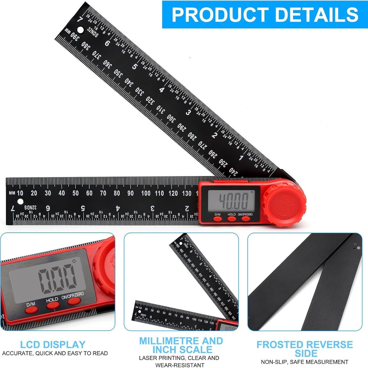 KUANGYE - Medidor Ángulos Digital Lcd 2en1 Transportador Ángulo 360° 0-200mm para carpintería medición