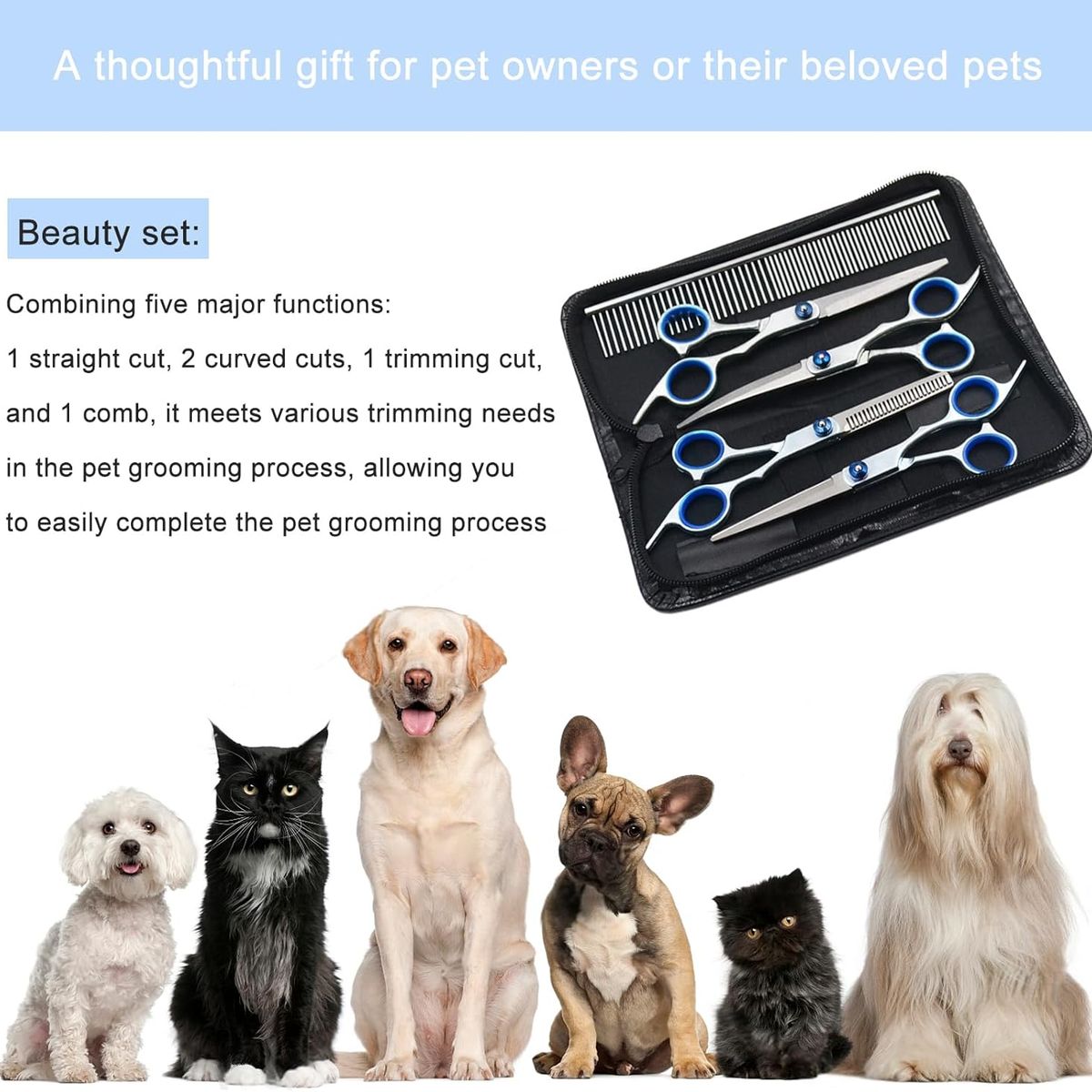 KUANGYE - Tijeras peluqueria canina 5 en 1, Profesional Gato Perro Aseo Tijeras, para Aseo Mascotas Bricolaje