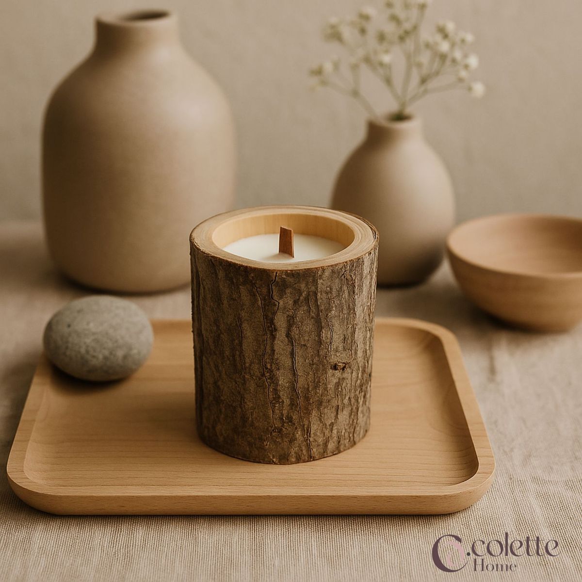 COLETTE - Vela De Cera Aroma a Coco En Forma De Tronco Rustica