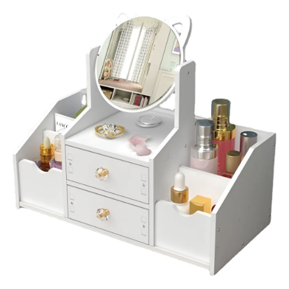 GENERICO - Organizador Maquillaje Y Espejo Redondo Orejas De Gato 360°