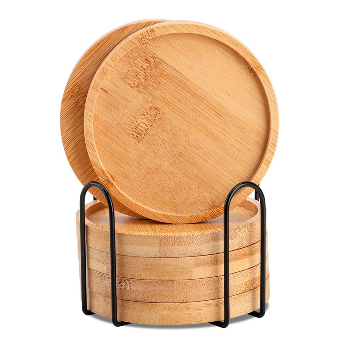 WAKESHOME - Set 6 Posavasos Circulares de Bambú con Soporte