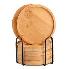 WAKESHOME - Set 6 Posavasos Circulares de Bambú con Soporte