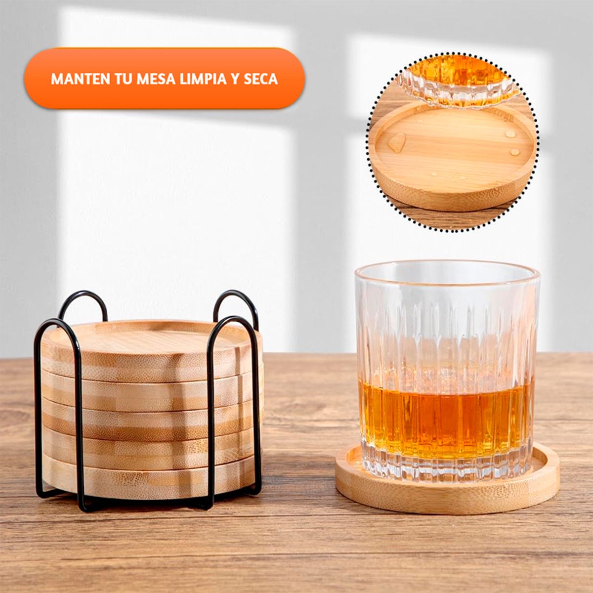WAKESHOME - Set 6 Posavasos Circulares de Bambú con Soporte