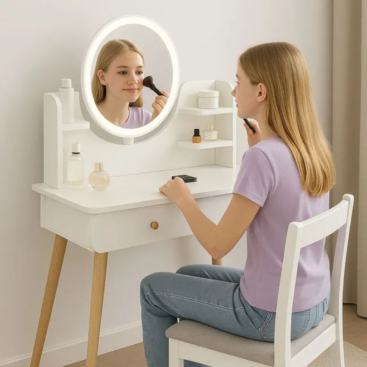 MOVI - Tocador Moderno con Luz Led +2 Cajones + Asiento