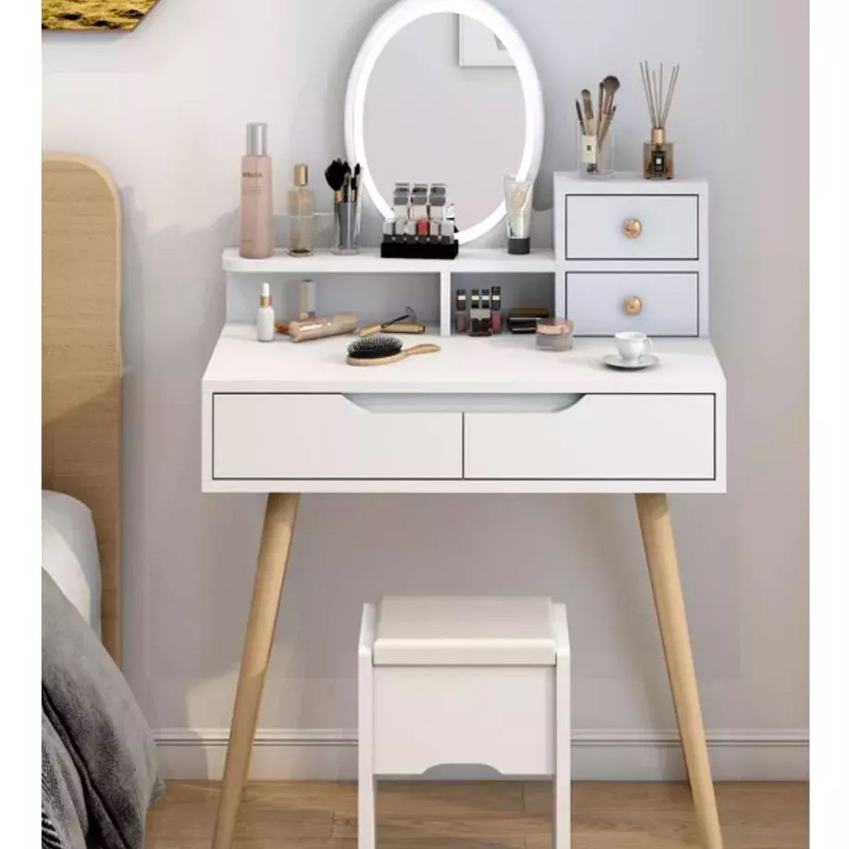 MOVI - Tocador Moderno con Luz Led +2 Cajones + Asiento