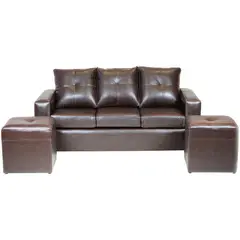 GENERICO - Living Emanuel 3 Cuerpos Y 2 Poufs - Cuero Sintético Pu