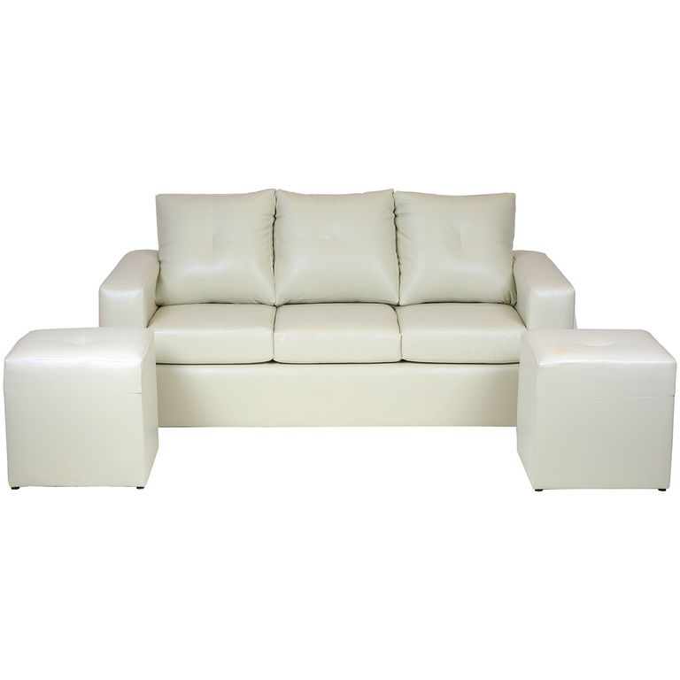 Living Emanuel 3 Cuerpos Y 2 Poufs - Cuero Sintetico Pu Beige
