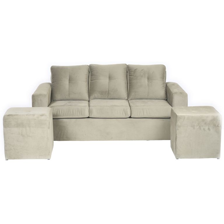 Living Emanuel 3 Cuerpos Y 2 Poufs - Tela Felpa / Beige