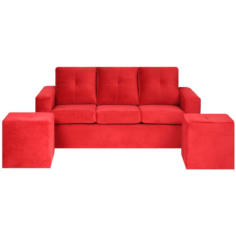Living Emanuel 3 Cuerpos Y 2 Poufs - Tela Felpa / Rojo
