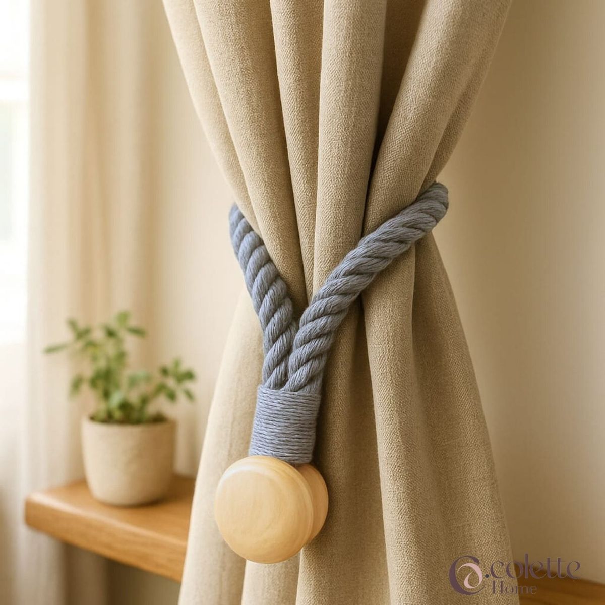 Set De Toma Cortinas Algodón Trenzado Tope Madera Magnético Ciprés, marca COLETTE - Foto 2