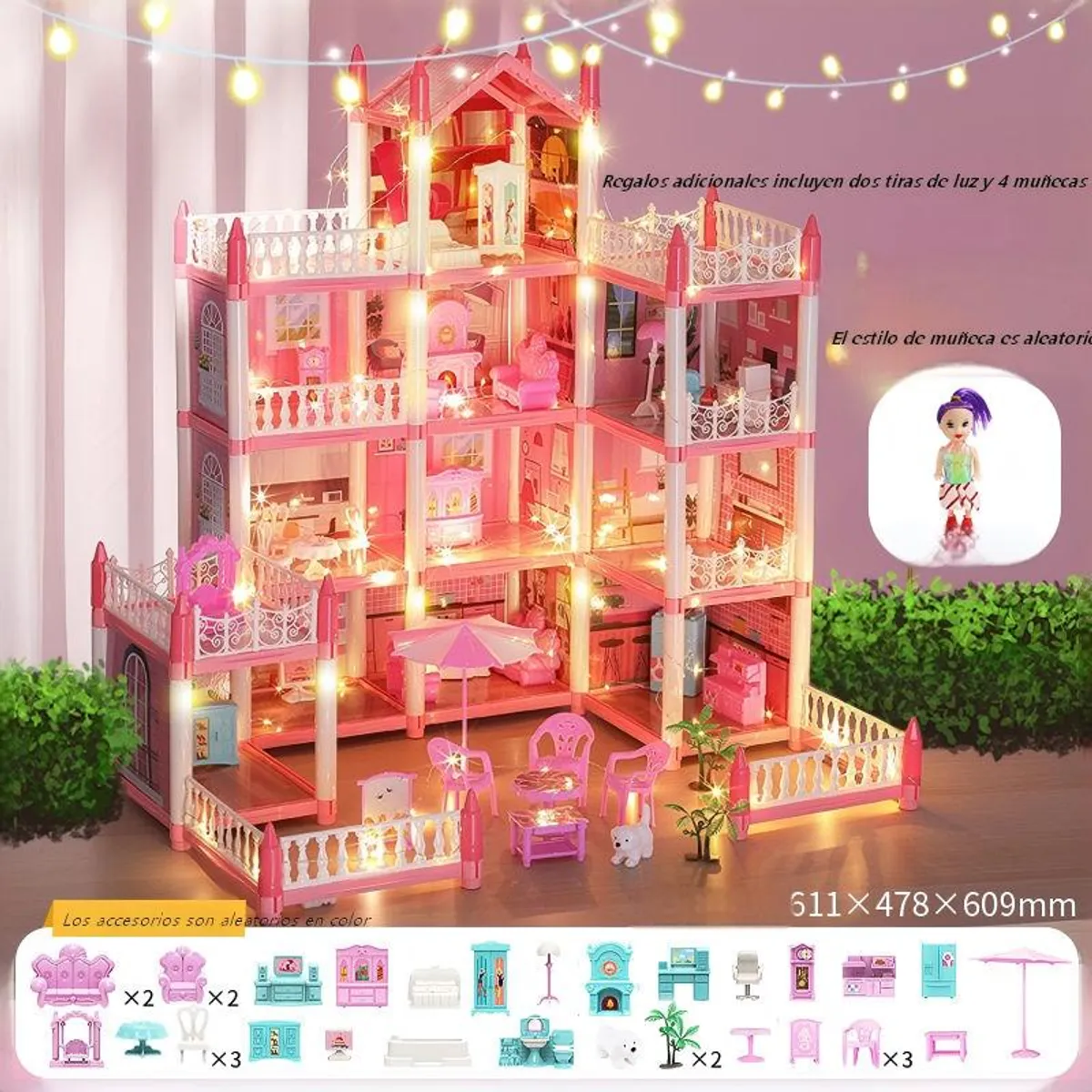 MAMITA Y BEBE - Casa De Muñecas Castillo Rosa Con Mueble Y Decoraciones