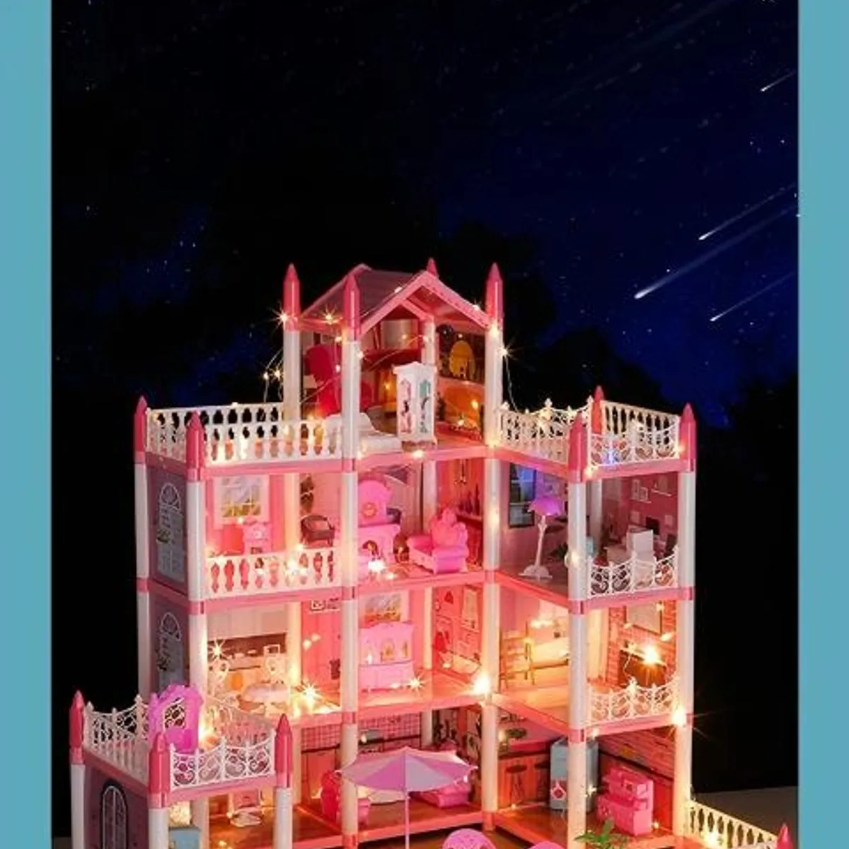 MAMITA Y BEBE - Casa De Muñecas Castillo Rosa Con Mueble Y Decoraciones