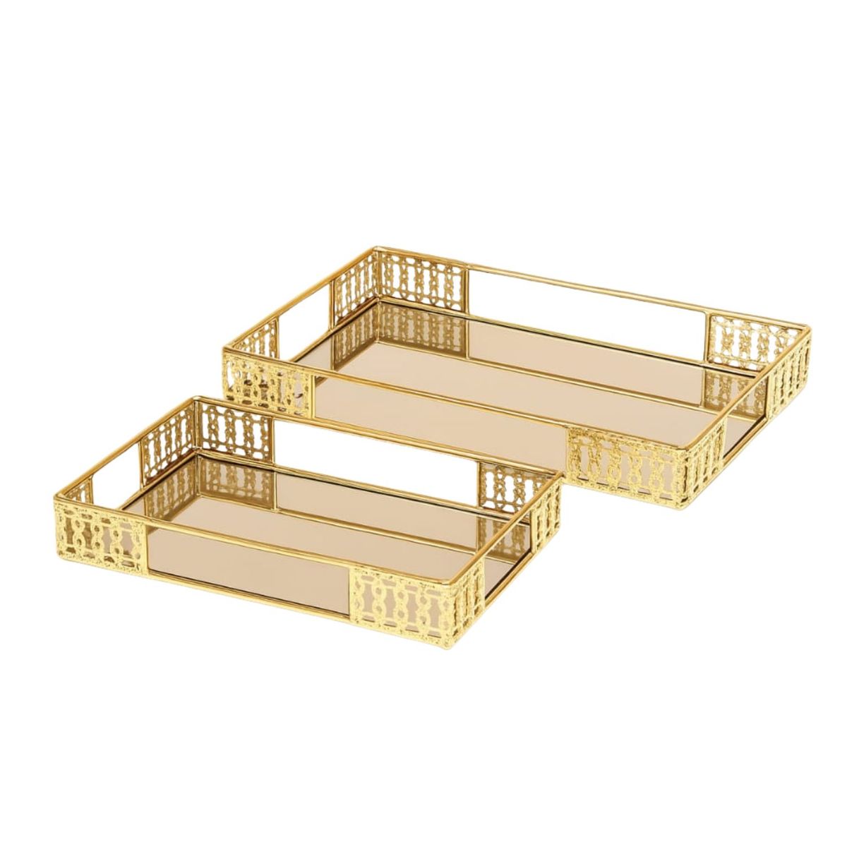 COLETTE - Set De Bandejas Decorativas Rectangulares Doradas Con Espejo Rubí