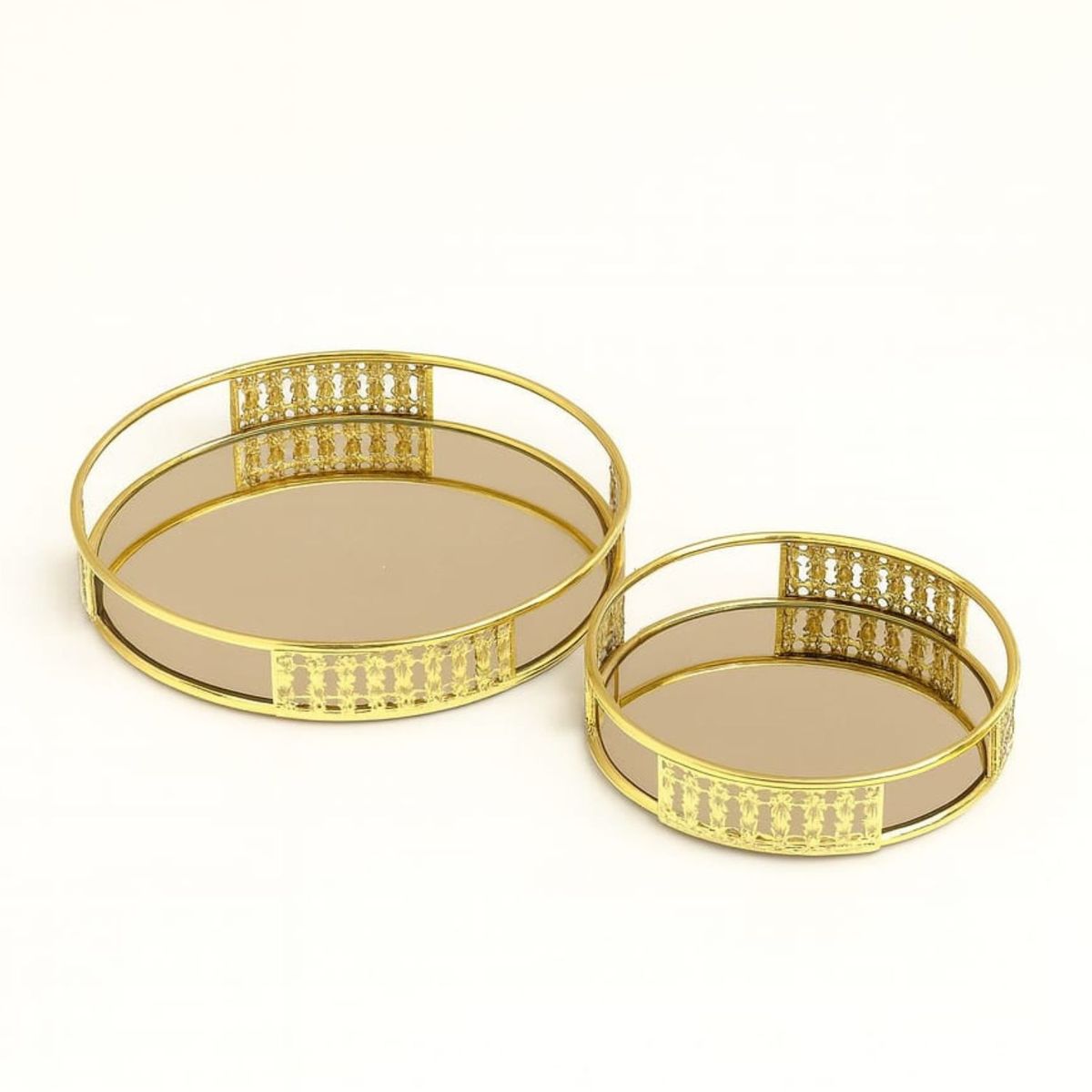 COLETTE - Set De Bandejas Decorativa Circulares Dorado Con Espejo Diamante