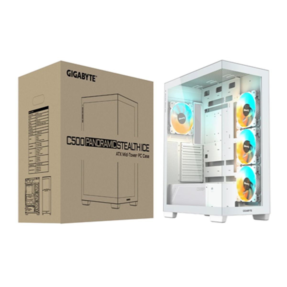 GIGABYTE - GABINETE GAMER GYGABYTE C500 PANORAMIC STEALTH ICE INCLUYE 4 FANS ARGB 120MM