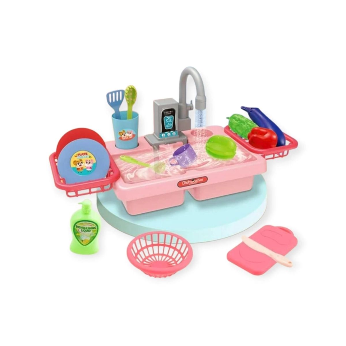 GENERICO - JUEGO DE LAVAPLATOS CON 19 PIEZAS Y SALIDA DE AGUA REAL Rosado