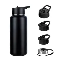 GENERICO - Termo Botella Agua Termica Acero Inoxidable + 4 Tapas 1000ml