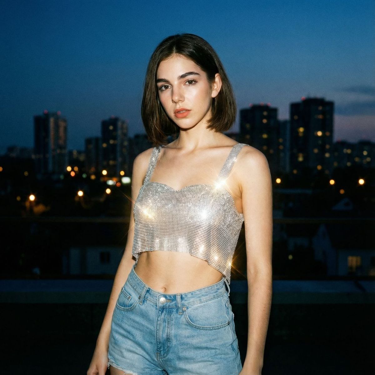 NOVY - Crop Top Halter Metalizado con Diamantes Brillos