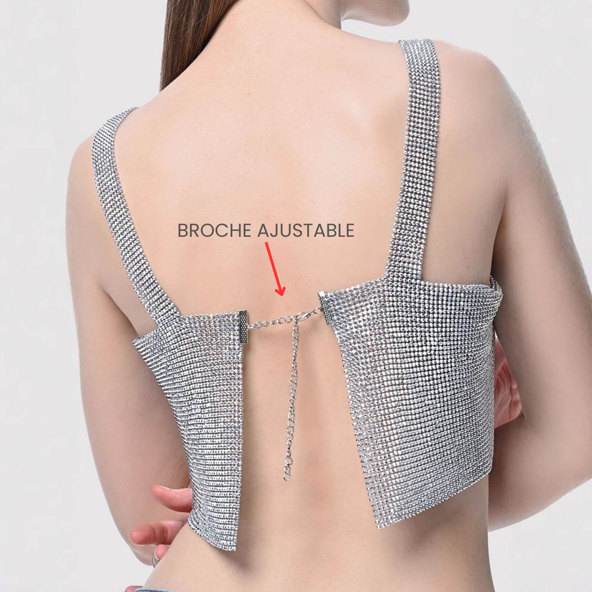 NOVY - Crop Top Halter Metalizado con Diamantes Brillos