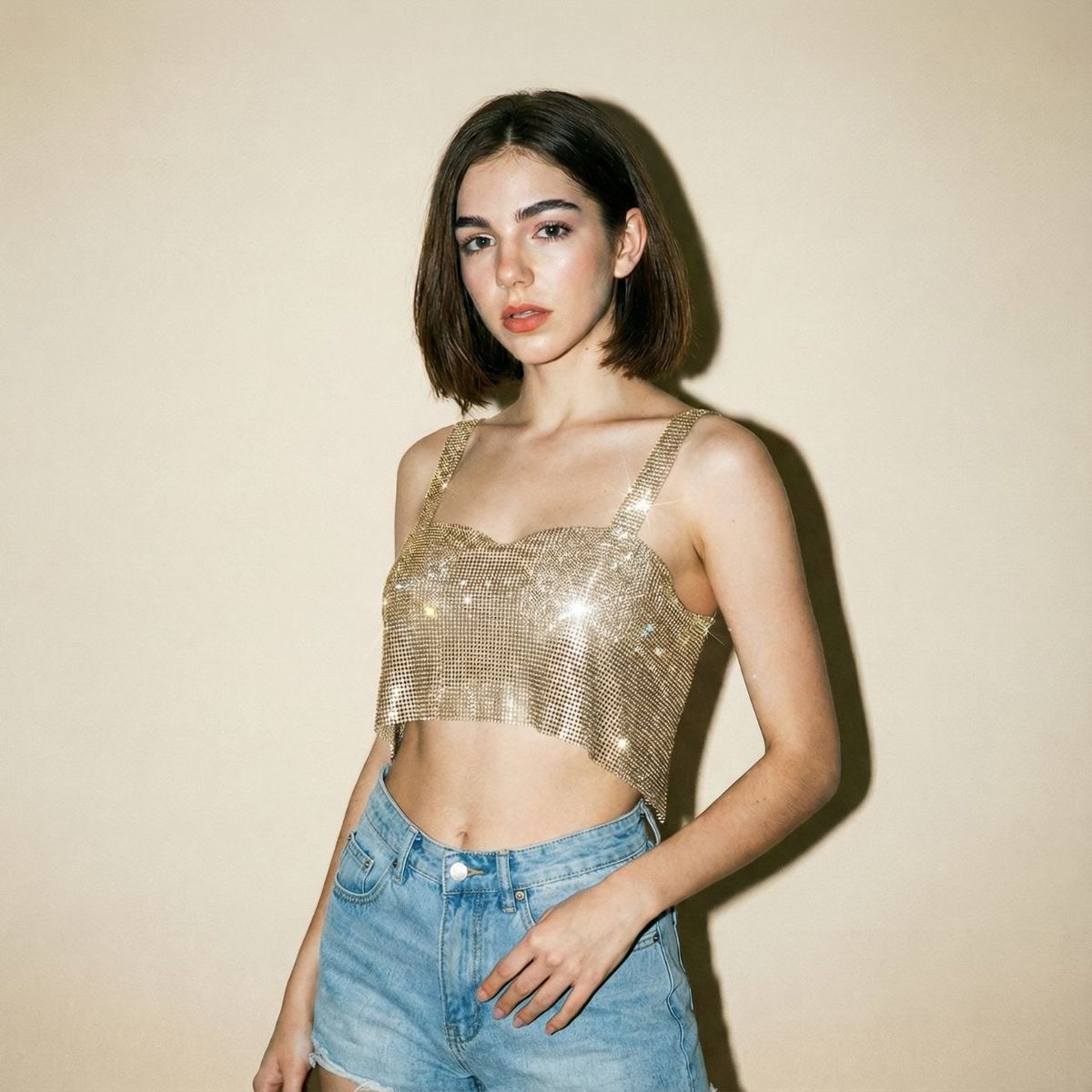 NOVY - Crop Top Halter Metalizado con Diamantes Brillos