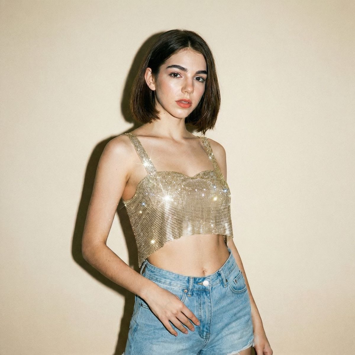 NOVY - Crop Top Halter Metalizado con Diamantes Brillos