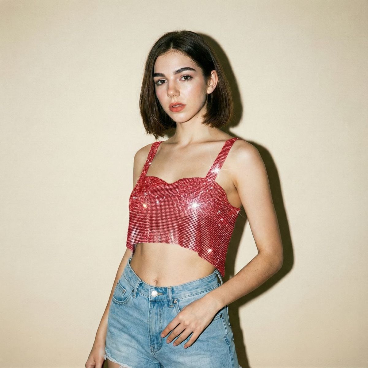 NOVY - Crop Top Halter Metalizado con Diamantes Brillos