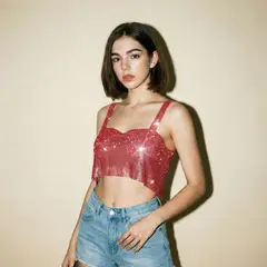 NOVY - Crop Top Halter Metalizado con Diamantes Brillos