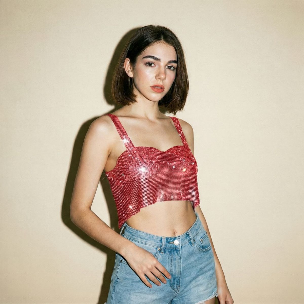 NOVY - Crop Top Halter Metalizado con Diamantes Brillos